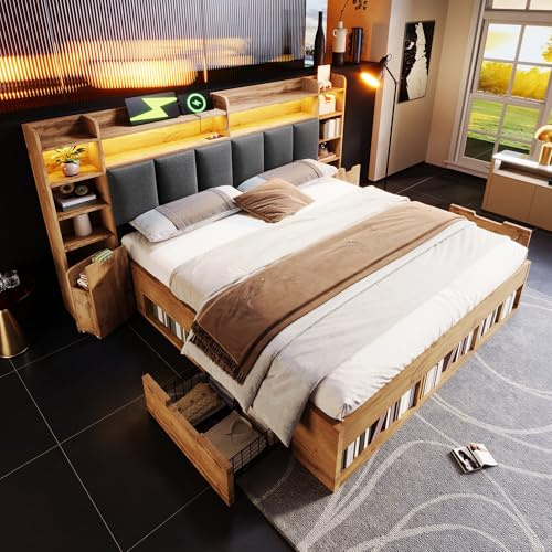 Doppelbett Bettanlage 180x200 cm, Holzbett Stauraumbett mit Nachtkommoden & Schubladen & Stauschrank, Polsterkopfteil mit LED & USB Ladefunktion - Schlafzimmer Komplett-Set, Eiche, Ohne Matratze