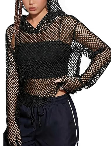 Avidlove Dam sexig nättopp meshnät topp långärmad huvtröja topp | Dragsko med huva, festivaloutfit, partyklubbtoppar, neonrave, klippta element, mångsidig skiktning