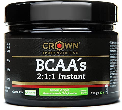 Crown Sport Nutrition BCAA 2:1:1 Instant, aminoácidos ramificados de disolución instantánea para deportistas, Sabor de Manzana Verde - 210 g