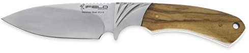 iFIELD Cuchillo de caza deportivo Camper EL29018, mango de olivo, hoja de 10,8 cm, acabado pulido, virola de acero, funda de piel marrón, herramienta de camping para pesca, caza, actividad deportiva