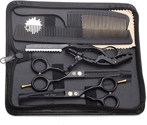 Purple Dragon Black Hairdressing Scissors Set 5.5 Inch Hair Cutting & Thinning Scissors Kit for Men Women Kids Home Salon Barber