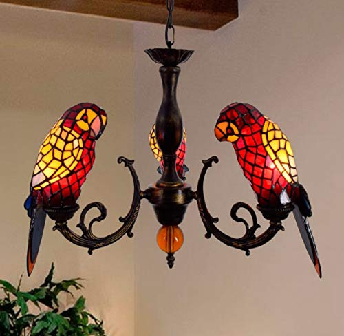 GDLight Tiffany Style Papagei Kronleuchter 3-Lights Stained Glass Pendant Lamps Schlafzimmer, Wohnzimmer, Studyroom Ceiling Lights,B