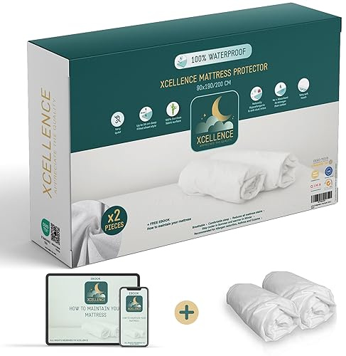Matratzenschoner 90 x 200 cm, wasserdicht, geräuschlos, atmungsaktiv, 100% Bambus, Höhe 30 cm, natürlich gegen Milben und Bakterien – Spannbetttuch-Form, Bonus