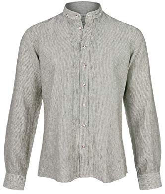 Almsach Herren Trachten Leinenhemd Stehbund Slim Oliv, Oliv, M