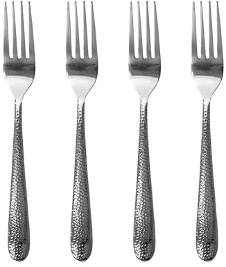 14/1 Stainless Steel Set of 4 Dinner Forks with Hand Hammered Textured Handles by Home Basics | Everyday and Special Occasions | Dishwasher Safe | Mirror Finish
