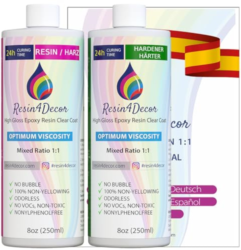 Resina Epoxi Transparente RESIN4DECOR 1:1 Para Manualidades Artesanía Fabricación de Joyas Moldes No es Amarillento No es Tóxico Acabado de Alto Brillo de Curado de 24 horas Inodoro - 500ml