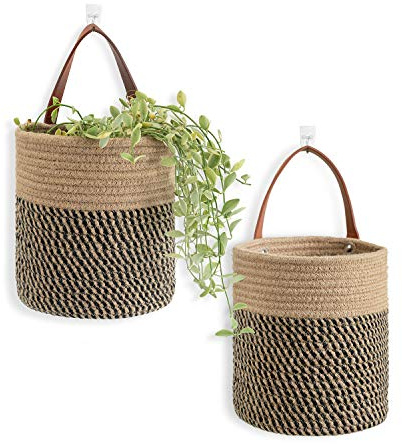 Goodpick 2pack Jute Rope Hanging Basket - 7.87 x 7 Small Woven Fern Wall Hanging Basket Flower Plants, Woven Storage, Black and Jute