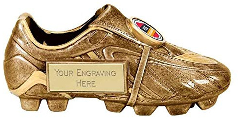 TROPHIESPLUSMEDALS Personalised Gold Football Boot Trophy, 12.5cm | Resin football trophy with detailed player design and free engraving on personalised plate, ideal for clubs and leagues.