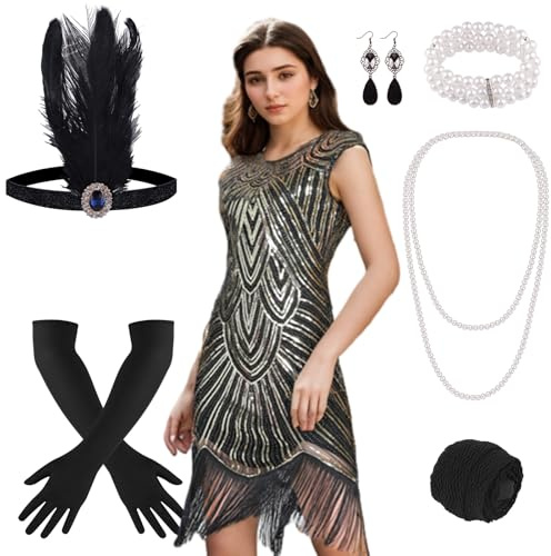 PLULON Vestido Estilo Flapper con Flecos y Lentejuelas de los años 20 con Conjunto de Accesorios de los años 20
