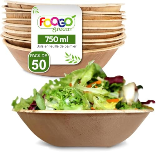 FOOGO Green 50pcs Disposable Palm Leaf Serving Bowls, 8(20cm), Round | 26.5oz (750ml), Deep Round, Biodegradable Compostable, For Salad, Wedding Party, Like Wooden, Bamboo And Paper Bowls