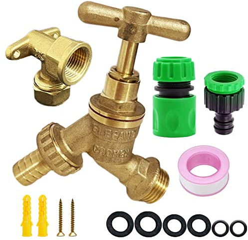 YAAVAAW Kit rubinetto da giardino per esterni, raccordo per tubo BSP da 1/2 pollice con piastra a parete in ottone, set di montaggio per tubo esterno, rubinetto dell'acqua per serbatoio IBC, montaggio