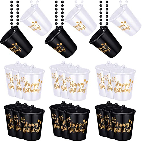 Sureio 24 Pack Shot Glass Necklaces Cups Bulk Birthday Shot Glass on Beaded Plastic Necklace for Happy Wedding Festival Parade Birthday Party Favor Anniversary Supplies(Black, White)