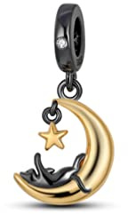 Jouet chat noir sur la lune – Bracelet à breloques Pendentif Bijoux Charm Pendentif Bracelet de collection Chaîne Accessoires Cadeau Argent sterling 925