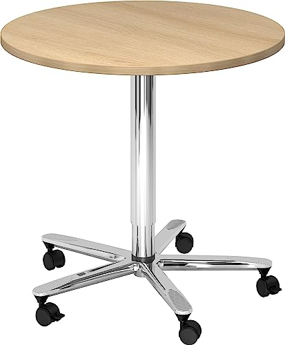 bümö Säulenhubtisch höhenverstellbar, Stehtisch Büro, Bistrotisch rund 80 x 80 cm - Besprechungstisch Eiche, Stehtisch Holz-Platte, Säule aus Metall verchromt, Säulentisch, Hochtisch