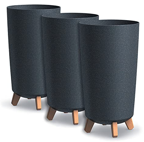 Set di 3 Vasi per Fiori Piante Tondi Gracia Tubus Slim ECO WOOD In Plastica e 33% Legno Ø23,9x44,5cm Da Interno Esterno Neri Volume 19 Litri Design Moderni