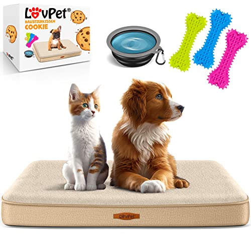 Lovpet® Hundebett orthopädisches Hundekissen Hundekorb Cookie, Inkl. Napf + 3X Kauknochen, Hundesofa für Kleine, Mittelgroße & Große Hunde, Bezug abnehmbar und waschbar, L 91x69x7,6 cm Beige