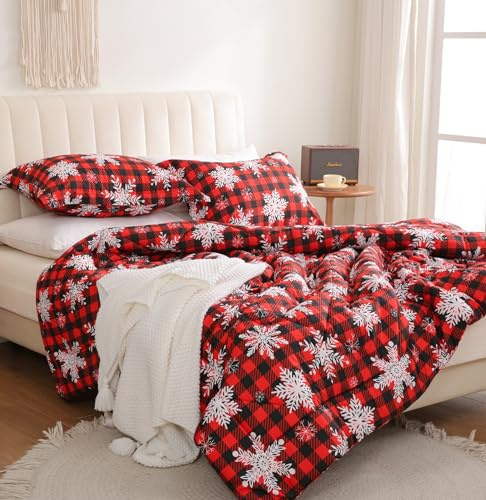 JSD Red Buffalo Plaid Snowflakes Christmas Comforter Set Queen Size