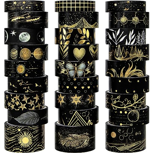 NANYNNU Black Washi Tape Set, 27 Rolls Black Gold Foil Decorative Masking Tape for Bullet Journaling, Scrapbooking Supplies, Watercolor Painting