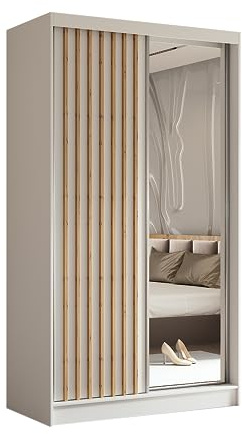 Margaret Hadas24 Kleiderschrank Erika mit Lamellen und Spiegel, Organizer, Mehrzweckschrank, Schwebetürenschrank, Garderobenschrank, Kleiderstange, Kleiderständer, Flurschrank, 120 cm, weiß, braun