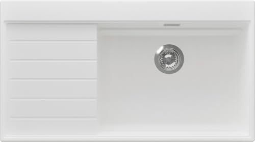 PRIMAGRAN Fregadero Cocina Blanco 90x50cm, Granito 1 Seno + Sifón, Sobre Encimera al Mueble 60cm - Sydney Ergo S389