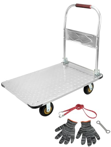 QWORK® Robuster Klappbarer Plattformwagen, mit 1100 kg Tragkraft, 90 * 60cm und Geräuschlosen Gummireifen, Stahl Schwere Ausführung Rollwagen Klappbar
