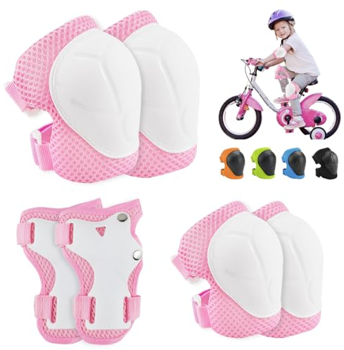 Schutz für Skateboards, Kinder, inkl. Knieschützer, Ellenbogen- und Handgelenkschoner für Radfahren, Skateboard, Skaten und andere Sportarten (Rosa, Weiß)