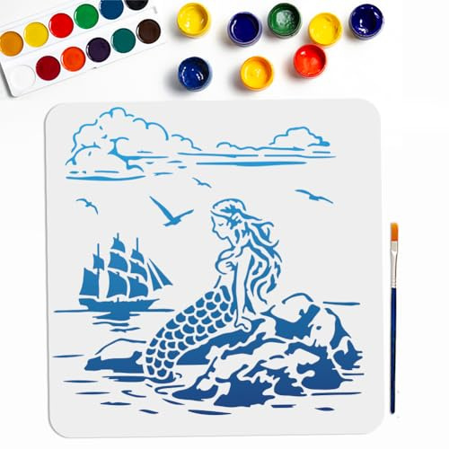 MAYJOYDIY Meerjungfrau Meeresboot Schablonen 30×30cm Große Meeresbewohner Landschaftsvorlage Mit Pinsel Segelbooten Riffen Möwen Wolken Zeichenschablone Für Heimwerker Basteln Leinwand Wanddekoration