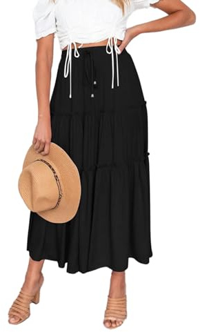 EMOTTOS Jupe Boheme Longue Femme Maxi Élastique Taille Haute Ete avec Cordon de Serrage, Trapeze A-Ligne Rétro, Orange/Noir S-XL