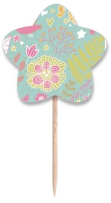 Palillos de dientes con diseño de flores verdes y banderas con etiqueta de estrella para cupcakes