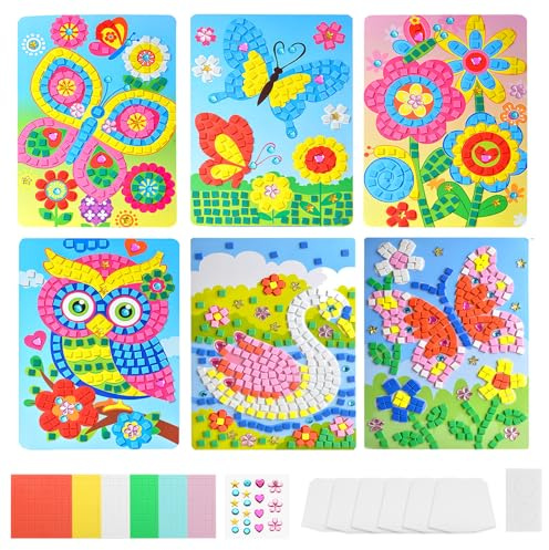 TNSLAND 6 Stück Mosaik Bastelset Kinder Beschäftigung Party, Moosgummi Bastelset Kinder 4 Jahre, Mosaik Aufkleber Set Mosaik Set, Mosaik Steckspiel für Mädchen Jungen Basteln ab 3 Jahre