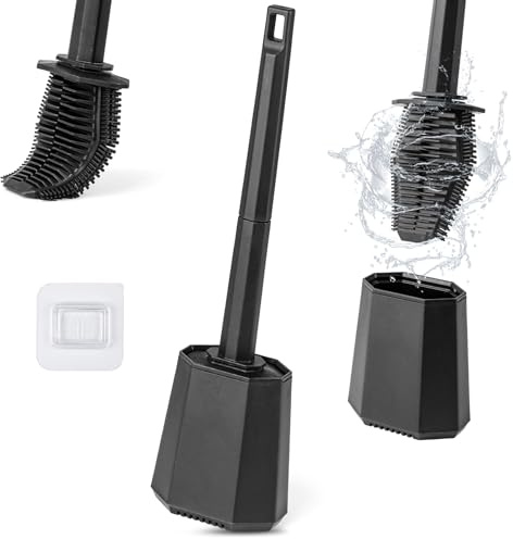 GIOVARA Klobürste Silikon Schwarz, Long Handle Silicone Toilettenbürste, WC Bürsten mit flexiblen Borsten, Keine Toten Ecken Toilettenreinigungsbürste Wandmontage & Stehend für Badezimmer