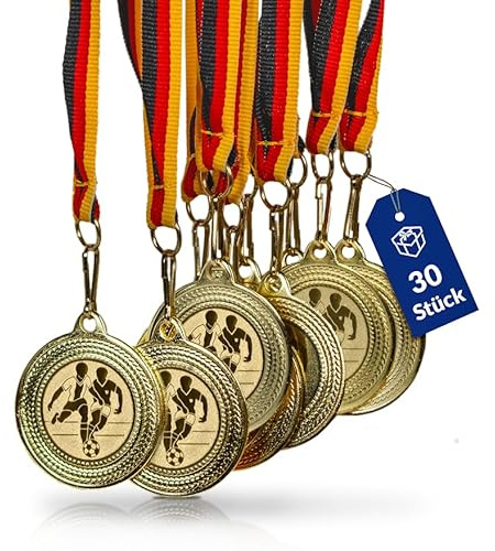 geschenke-fabrik.de Fußball-Medaillen, 10er-Set, Metall, Deutschlandband | Golden zum Umhängen für Siegerehrungen, mit Emblem, für Vereine & Turniere
