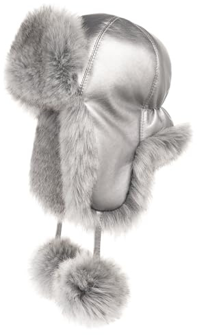 Futrzane Fliegermütze - Schapka Uschanka Damen - Fell Trapper Mütze aus Leder (L, Silber - Silber Siberian)