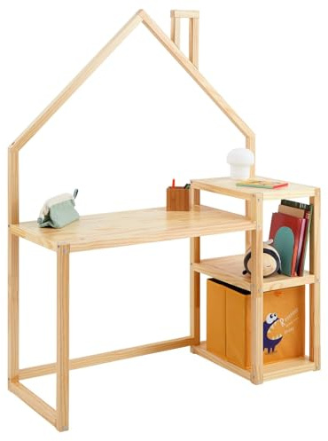 IDIMEX Kinderschreibtisch NIVIA Hausform Natur mit Regal Stauraum gefertigt aus Kiefer Massiv. Stabil langlebig perfekt für Kinderzimmer. Montessori-Möbel ideal für Hausaufgaben oder Bastelarbeiten.