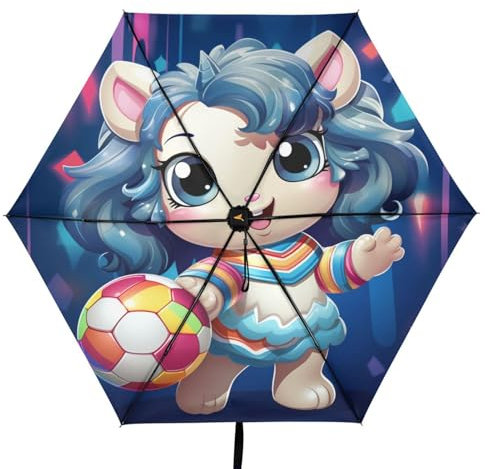 Linnyio Cartoon Süßes Fußball Einhorn Taschenschirm, UV-Schutz, Kompakter Reiseschirm, Sonnenschutz für Jungen und Mädchen