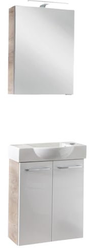 FACKELMANN SBC Stanford Gäste WC Waschtisch Set mit Spiegelschrank 55 cm breit, Weiß/Braun hell, Türanschlag rechts – Eleganz und Funktionalität für Ihr Badezimmer