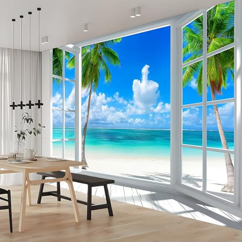 Finestre Vista Mare Mare Tropicale Carta Da Parati 3d Fotomurale Blu Murali Per Soggiorno Divano Tv Hotel A Tema Corridoio Di Lusso Sfondo Dipinto Murale 250x175 cm