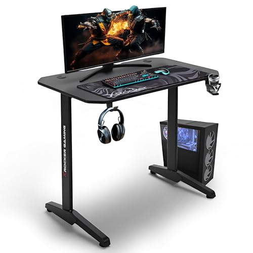 X-Rocker Panther 110cm x 60cm, Carbon Fibre Gaming Desk - Space-Saving Design, Headphone Hook, Cup Holder, Sturdy Metal Frame for Kids & Teens - Grey - Mouse Mat Included