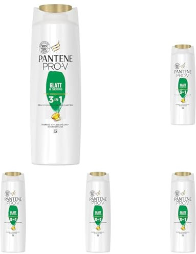 Pantene Pro-V Glatt & Seidig 3-In-1 Shampoo + Pflegespülung + Intensivpflege, Pro-V Formel + Antioxidantien, Für widerspenstiges Haar, 250ML (Packung mit 5)