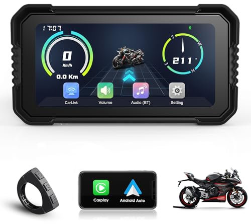 KooDux Schermo CarPlay per Moto da 6,25 Pollici, Wireless CarPlay e Android Auto, Navigazione GPS, Supporto Dual Bluetooth, Telecomando, Siri, Google Assistant
