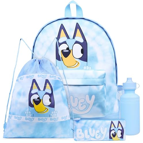 Bluey Mochilas Escolares Set de Mochila Escolar Guarderia 4 Piezas con Botella Agua Estuche Escolar Bolso Deporte o Bolsa Almuerzo Tie Dye