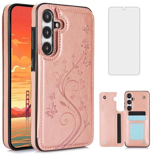 Asuwish Phone Case for Samsung Galaxy S25 5G with Tempered Glass Screen Protector and Card Holder Wallet Cover Stand Flip Leather Cell Accessories S 25 25S GS25 G5 SM-S931U 6.2 inch Women Rose Gold