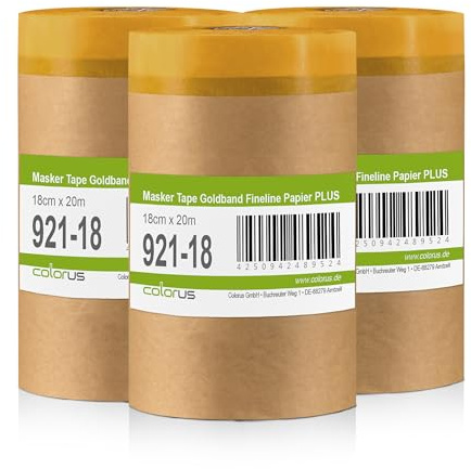 Colorus Goldband Abdeckpapier mit Klebeband 18 cm x 20 m, 3er Set | Maler-Abdeckpapier mit Feinkantenband für Lackierarbeiten an Türen, Fenstern und Wänden – UV-beständig bis 30 Tage