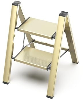 GameGem 2 Step Ladder, Folding Step Stool with Anti-Slip Wide Pedal, Aluminum Material Lightweight yet Sturdy, 150 KG Loading, Cute Modern Apperance for Indoor Household Spaces, Champagne Gold