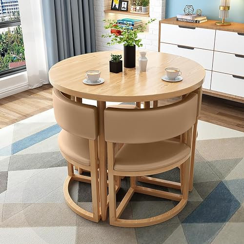 Modernes rundes Konferenztisch und Stühle, 5-teiliges Küchen-Esstisch-Set für 4 Personen, perfekt für kleine Räume und Wohnungen, mit stilvollem Metallrahmen und Ledersitzen.