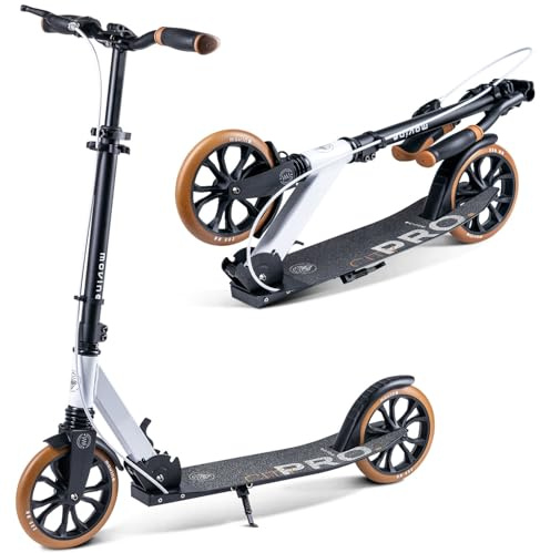 Movino Patinete Plegable para Adultos Y Adolescentes hasta 100 kg Resistente Altura Ajustable con Rodamientos De Bolas ABEC7 Blanco Marrón City Pro