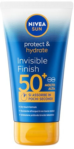 NIVEA SUN Protect & Hydrate Invisible Finish SPF 50+ 150 ml, Crema solare 50+ ad assorbimento rapido e dal finish invisibile, Protezione solare 50+ resistente all'acqua con Acido Ialuronico idratante