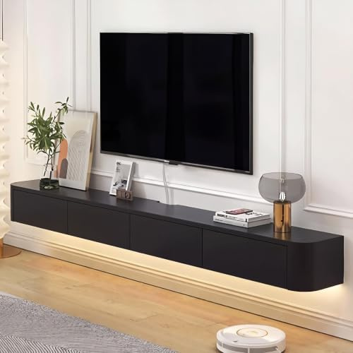 BIGYOUZI Schwebender TV-Schrank aus massivem Holz,Wand TV Schranks mit lockers Schwarz 240 * 30 * 20CM Mit LED-Licht