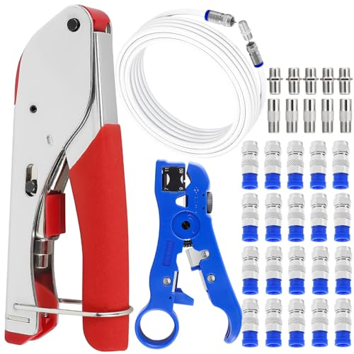 Pince À Sertir Coaxiale Et Dénuder Coaxiale Set,Avec 20 Connecteurs F De Compression Et 20 Connecteurs F RG6,Réglable Pince à Dénuder de Câbles,Pince à Sertir,Pour Câble Satellite,Câble Coaxial