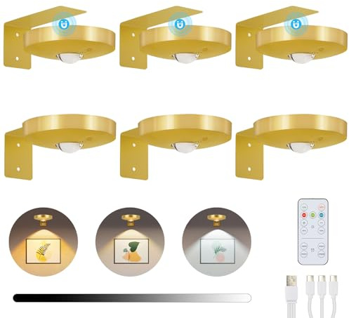 Lightsjoy 6 Pack Picture Lights for Wall Rechargeable Battery Spot Light 3 Color Temperature Dimmable LED Wall Lights Wireless Remote Control Stair Lights Timer Magnetic Art Painting Light Gold